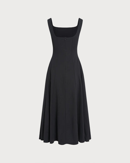 Vestido Midi Deslizante Negro Sólido con Cremallera