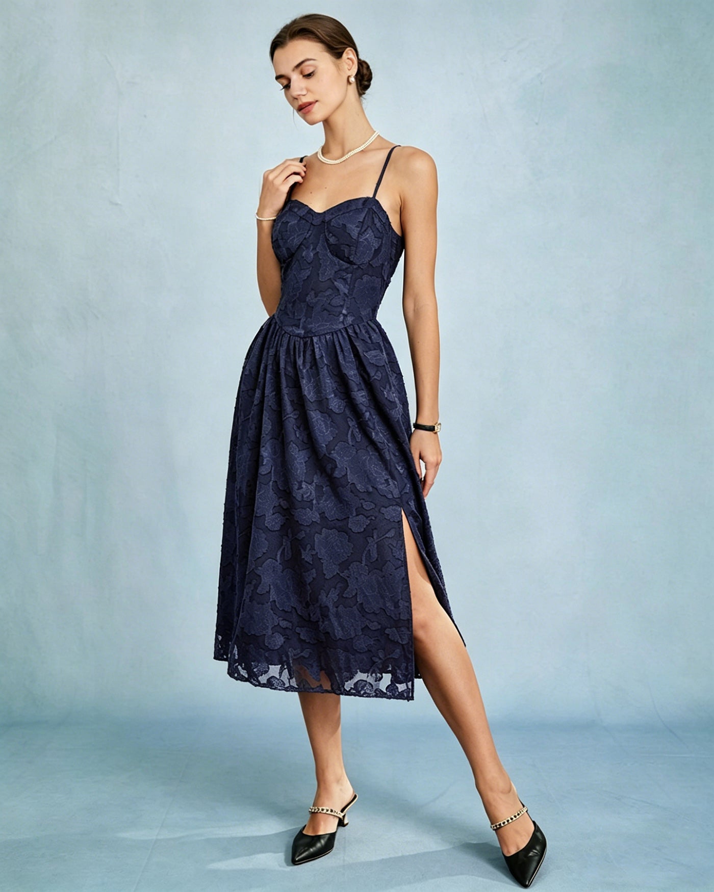 Vestido Midi A-Line de Jacquard Azul