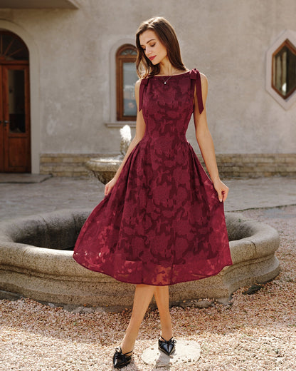 Vestido Midi de Chifón Jacquard Rojo
