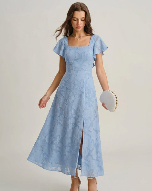 Vestido Midi de Cuello Cuadrado Floral Azul