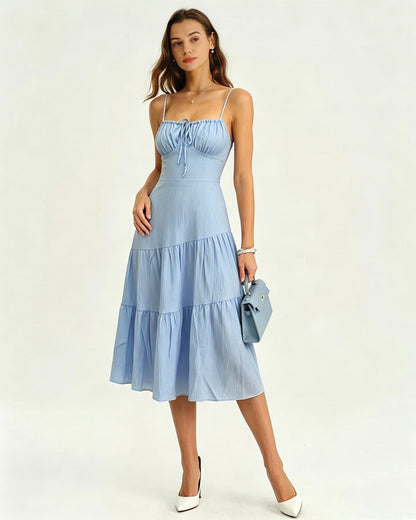 Vestido Midi A-Line con Volantes en Azul