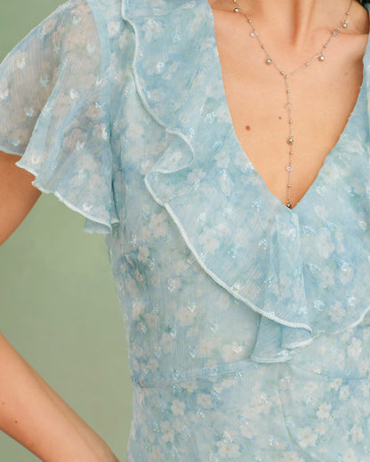 Vestido Midi Floral con Volantes y Escote en V Azul