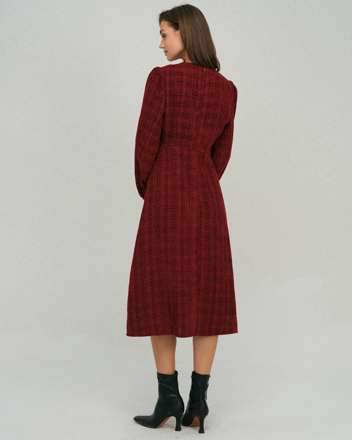Vestido Midi A-Line con Mangas de Farol Rojo