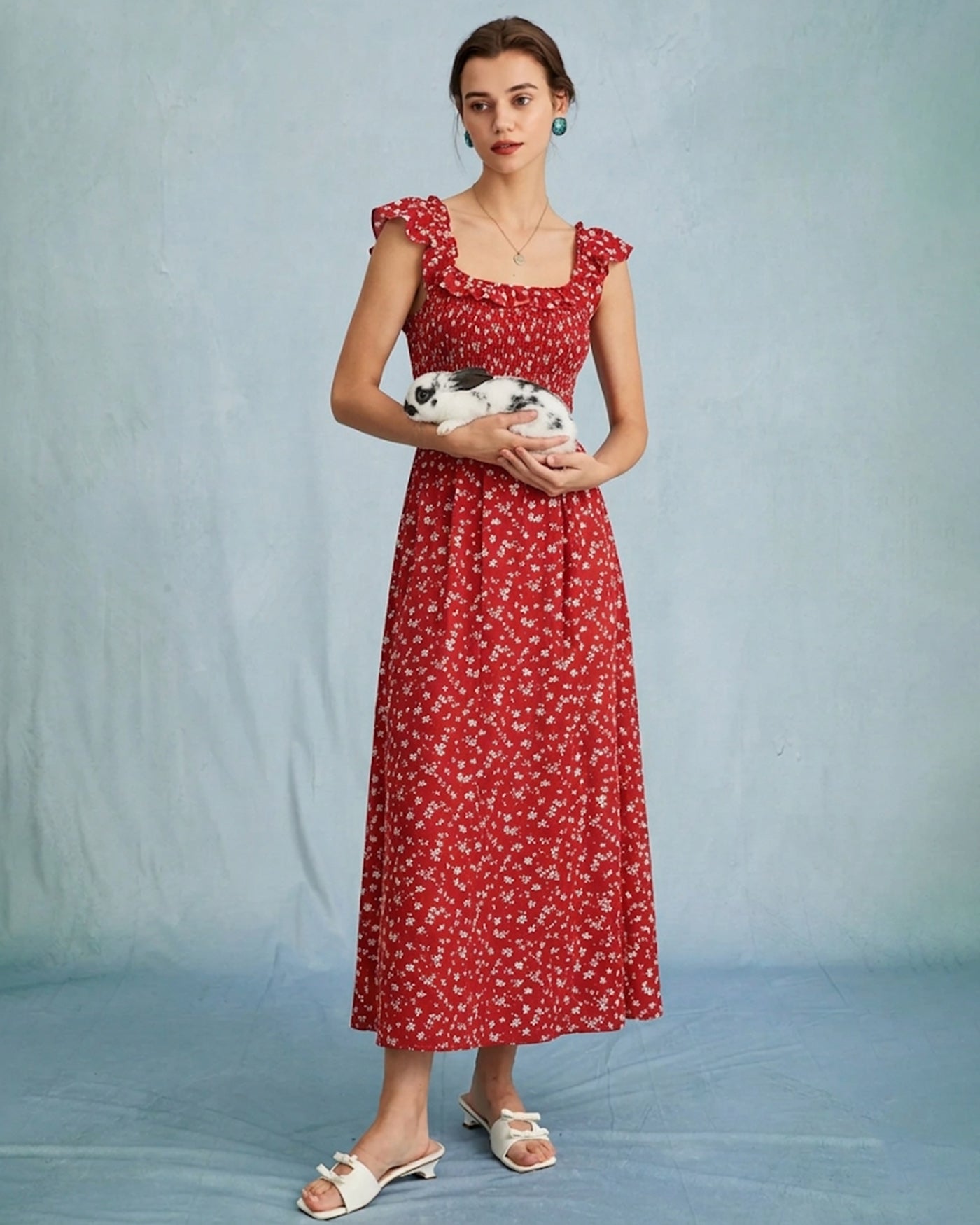 Vestido Midi Floral de Cuello Cuadrado Rojo