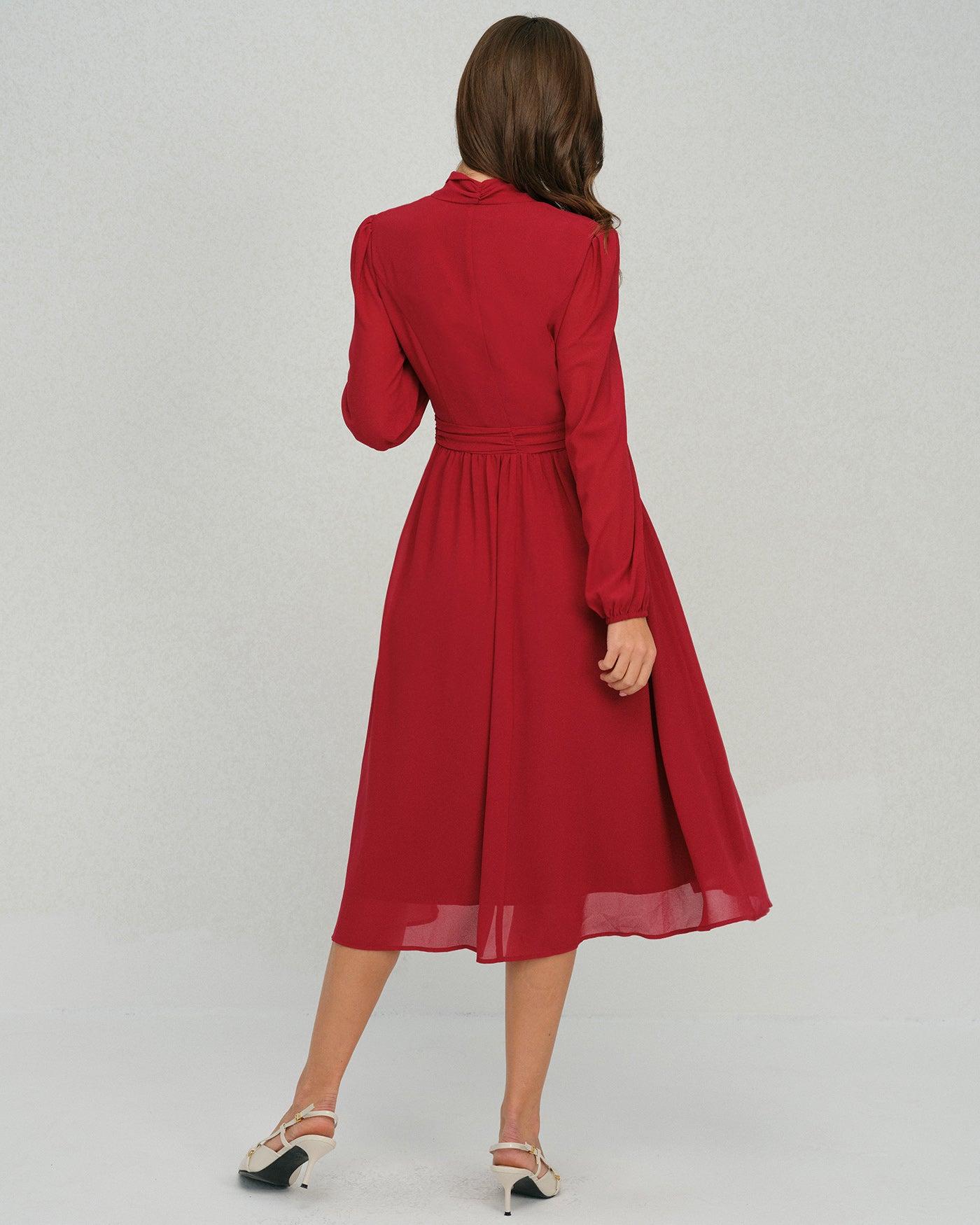 Vestido Midi de Chifón con Manga de Farol Color Rojo Vino