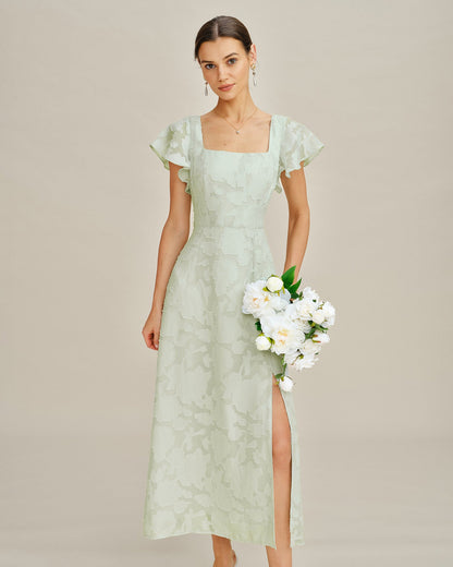 Vestido Midi Texturizado Floral de Cuello Cuadrado Verde