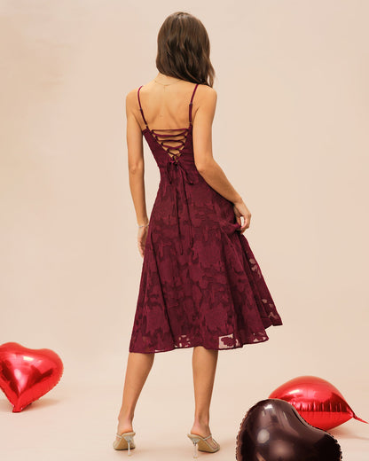 Vestido Midi Jacquard Sin Mangas de Cuello Corazón Color Rojo Vino