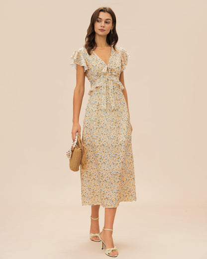 Vestido Midi Amarillo con Volantes y Cuello en V