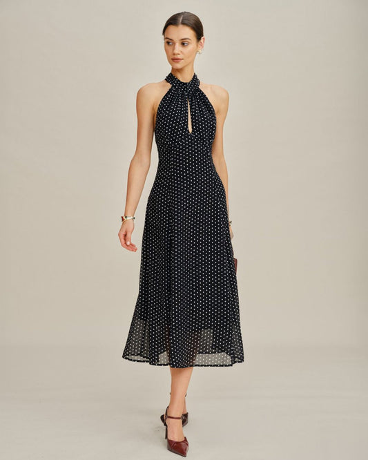 Vestido Midi Halter de Lunares Negros