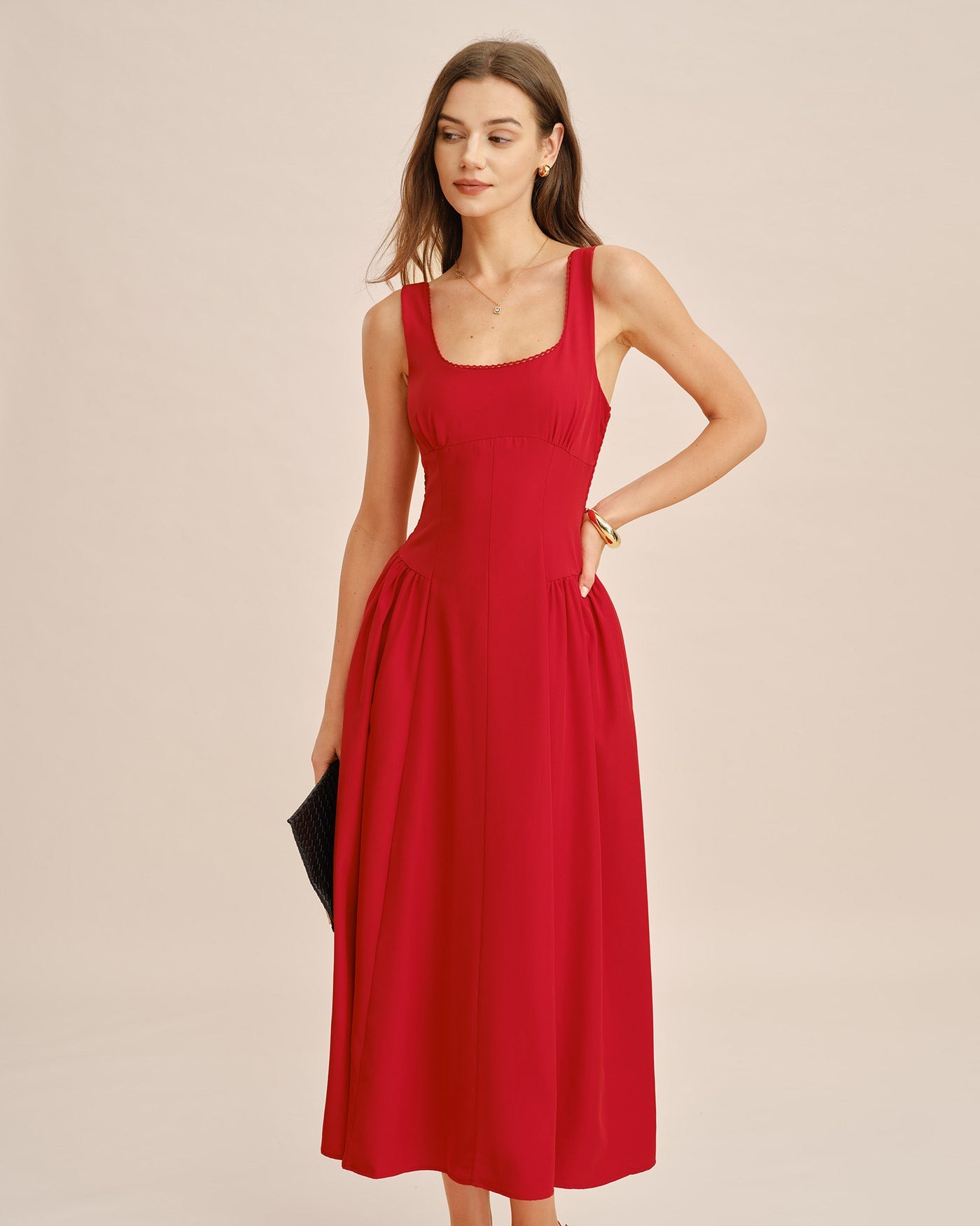 Vestido Midi Sin Mangas de Cuello Cuadrado Rojo