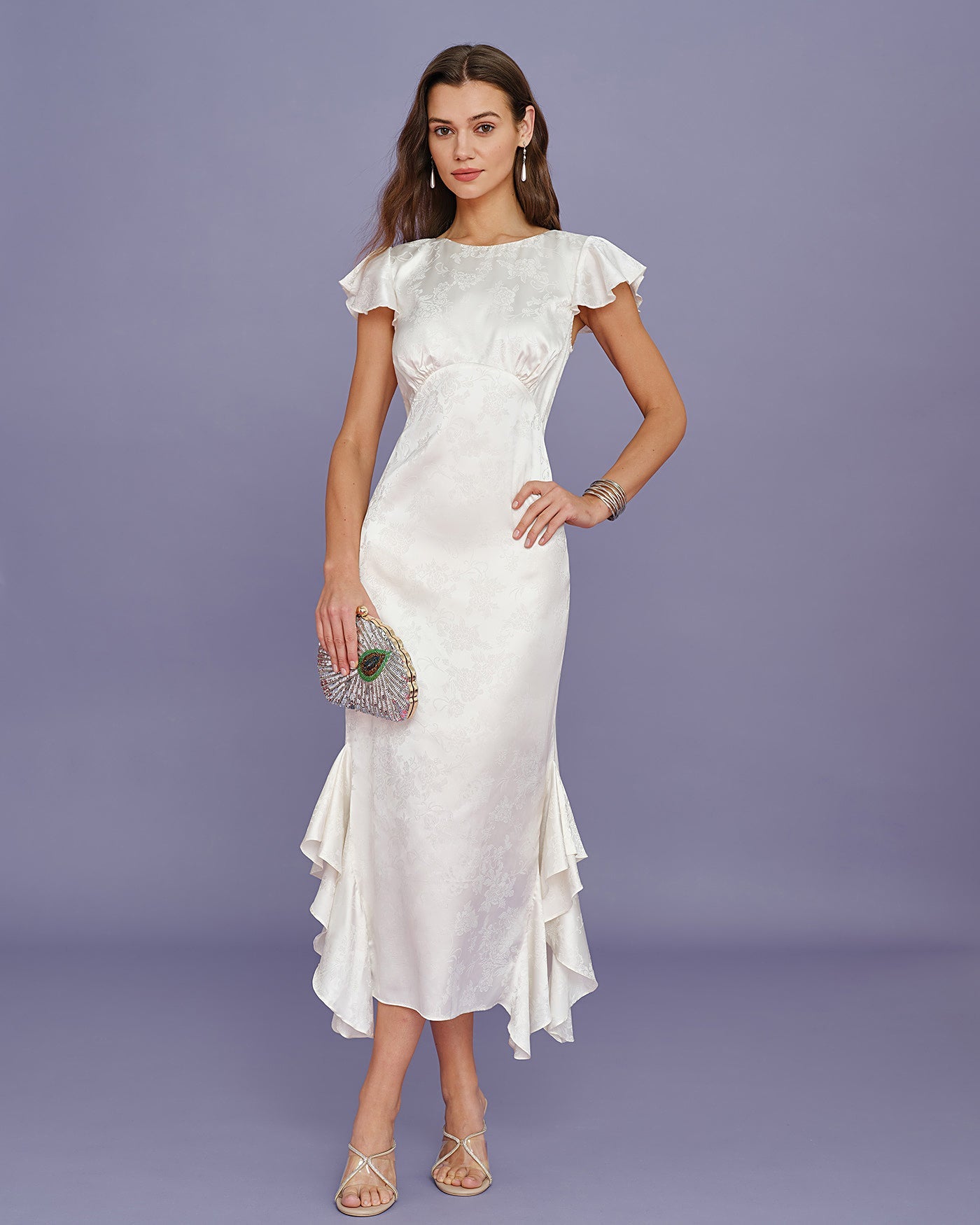 Vestido Midi de Jacquard con Volantes y Cuello Barco Beige
