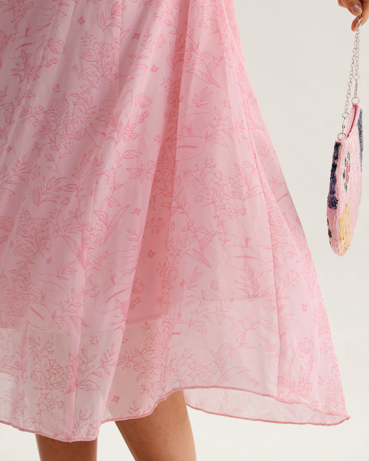 Vestido Midi con Volantes de Cuello Cuadrado Rosa