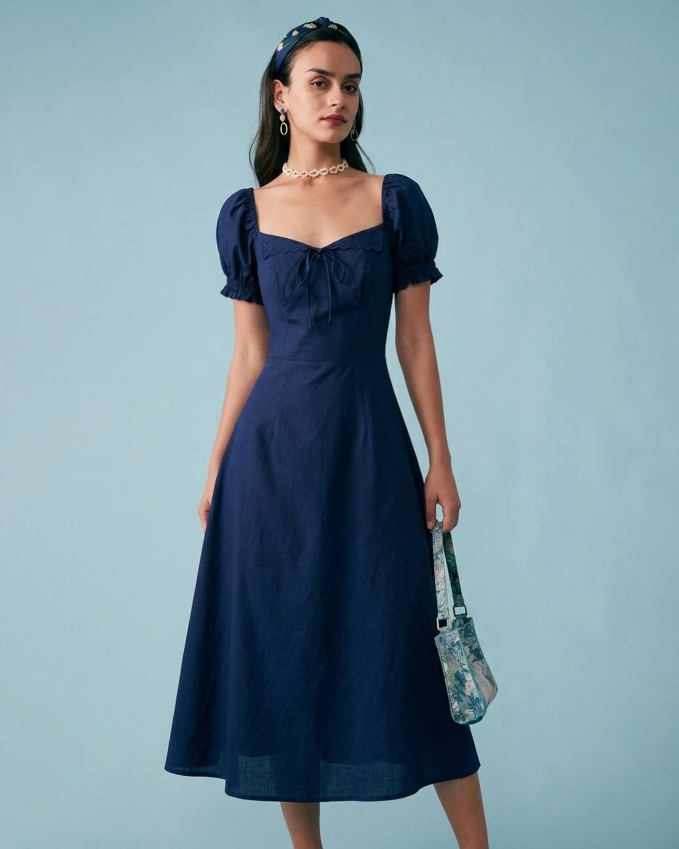 Vestido Midi de Manga Abullonada en Color Marino