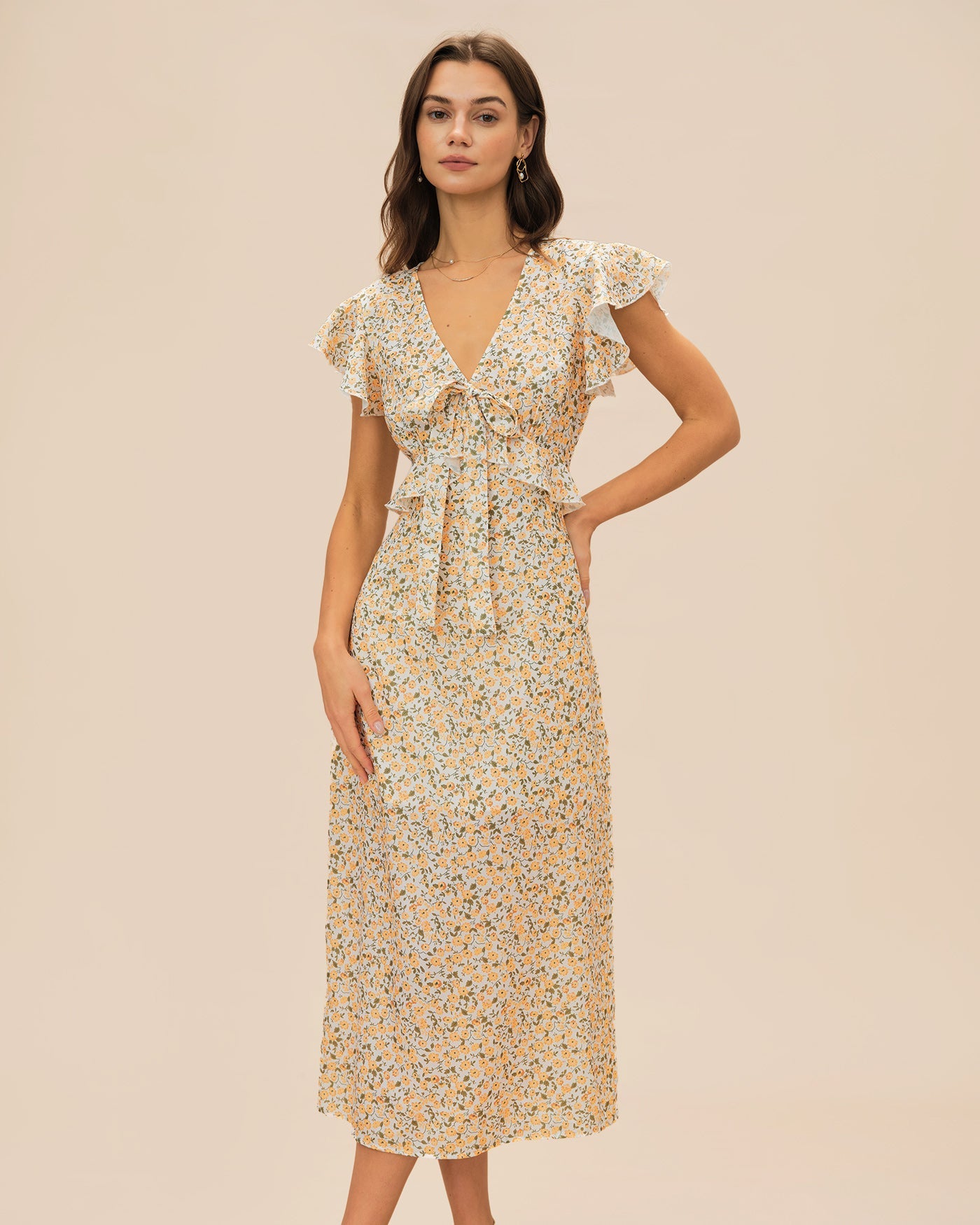 Vestido Midi Amarillo con Volantes y Cuello en V