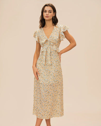 Vestido Midi Amarillo con Volantes y Cuello en V