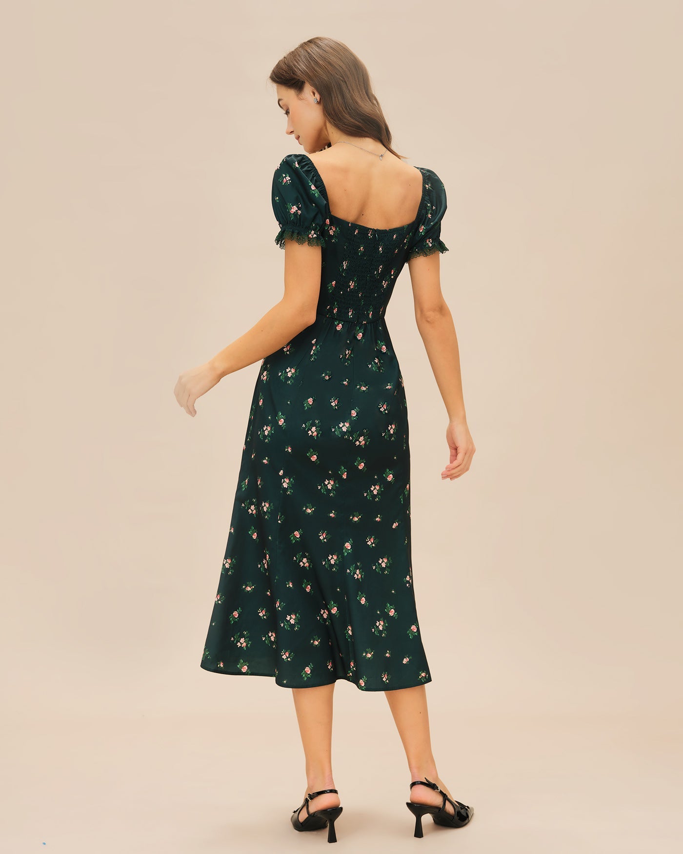 Vestido Midi Floral con Mangas Abullonadas Verdes