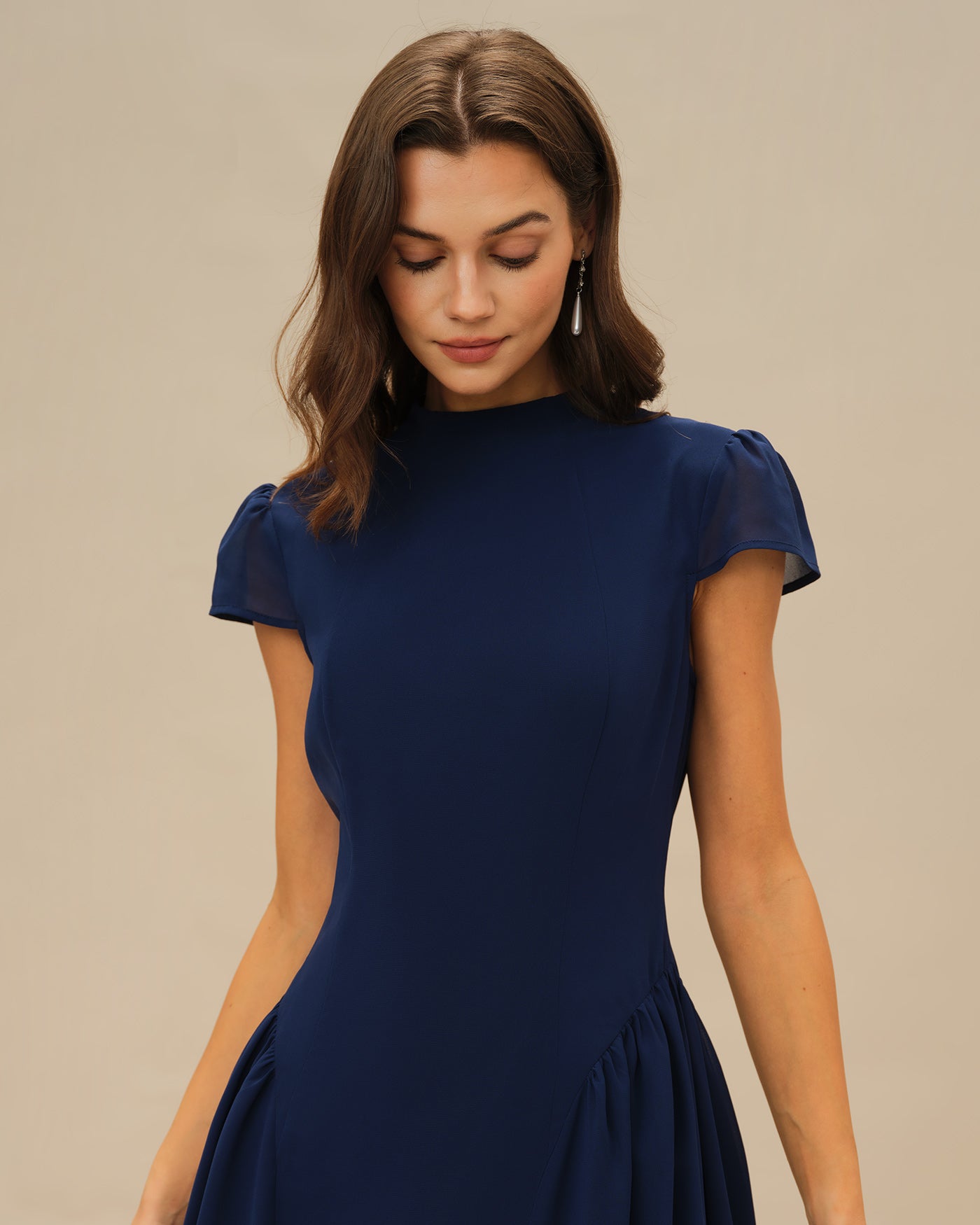 Vestido Midi de Manga Abullonada Azul