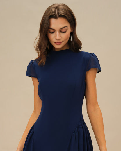 Vestido Midi de Manga Abullonada Azul