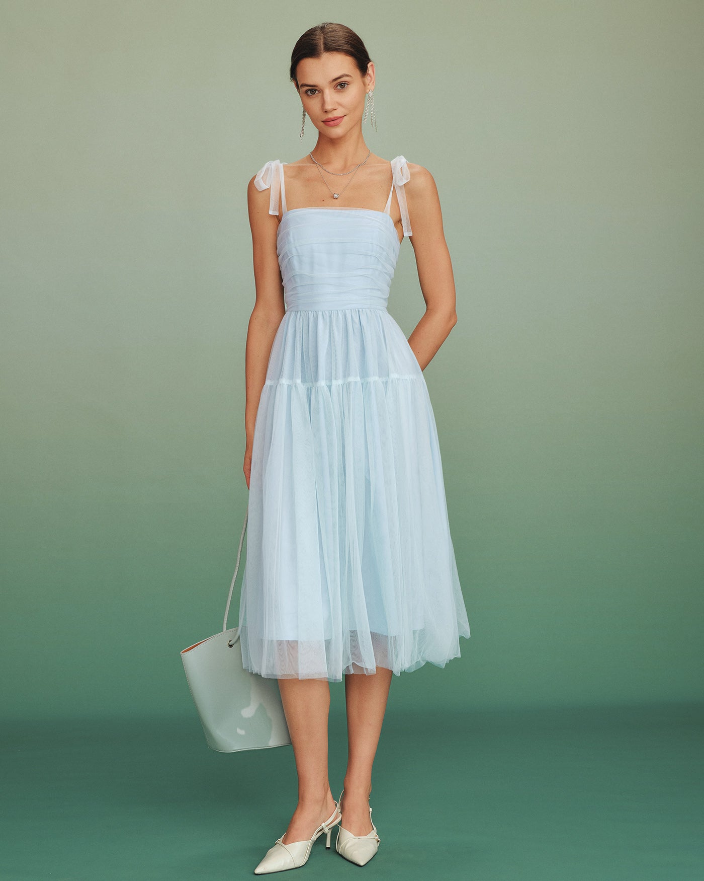 Vestido Midi de Malla con Escote Cuadrado Azul