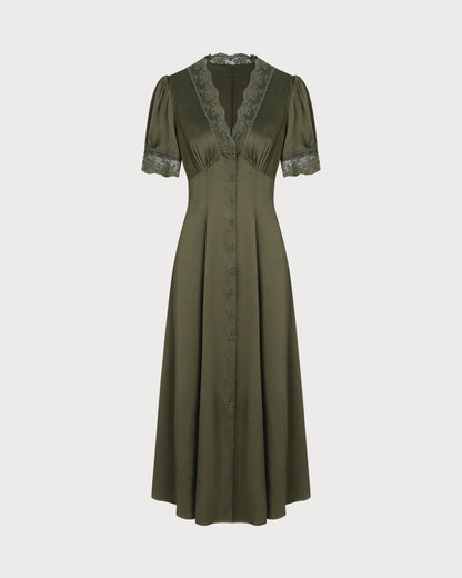 Vestido Midi de Satén con Encaje Verde