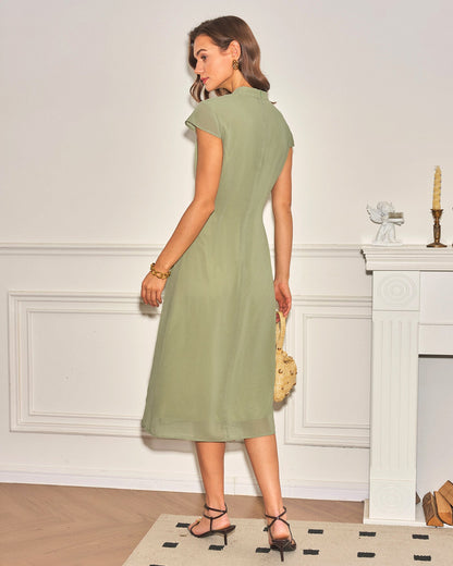 Vestido Midi de Chifón con Cuello Mandarín Verde