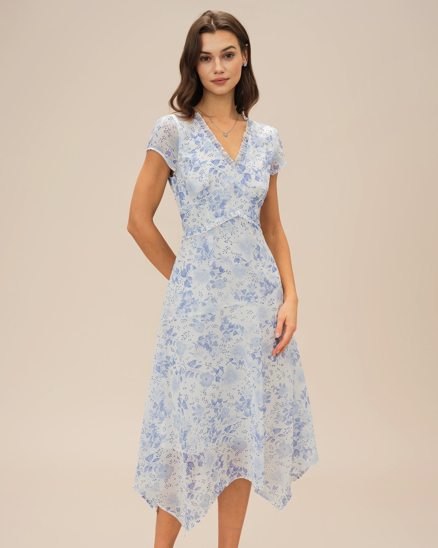 Vestido Midi Floral con Escote en V Azul