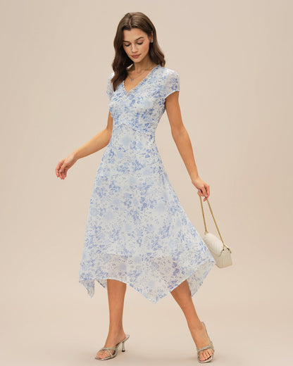 Vestido Midi Floral con Escote en V Azul