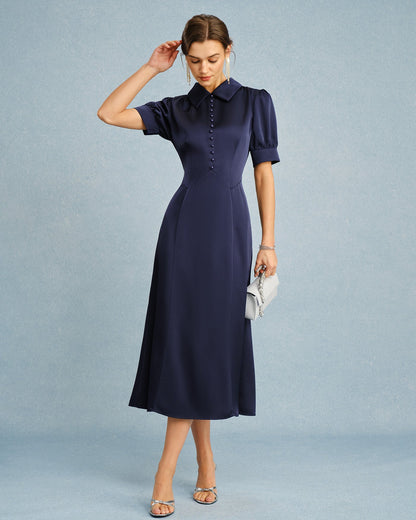 Vestido Midi de Satén con Cuello de Marinerito y Mangas Abullonadas