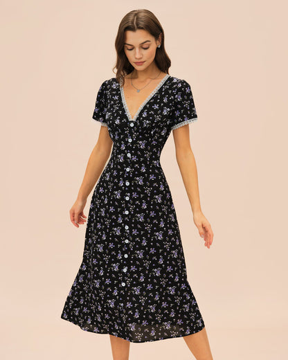 Vestido Midi Floral de Encaje Negro con Escote en V