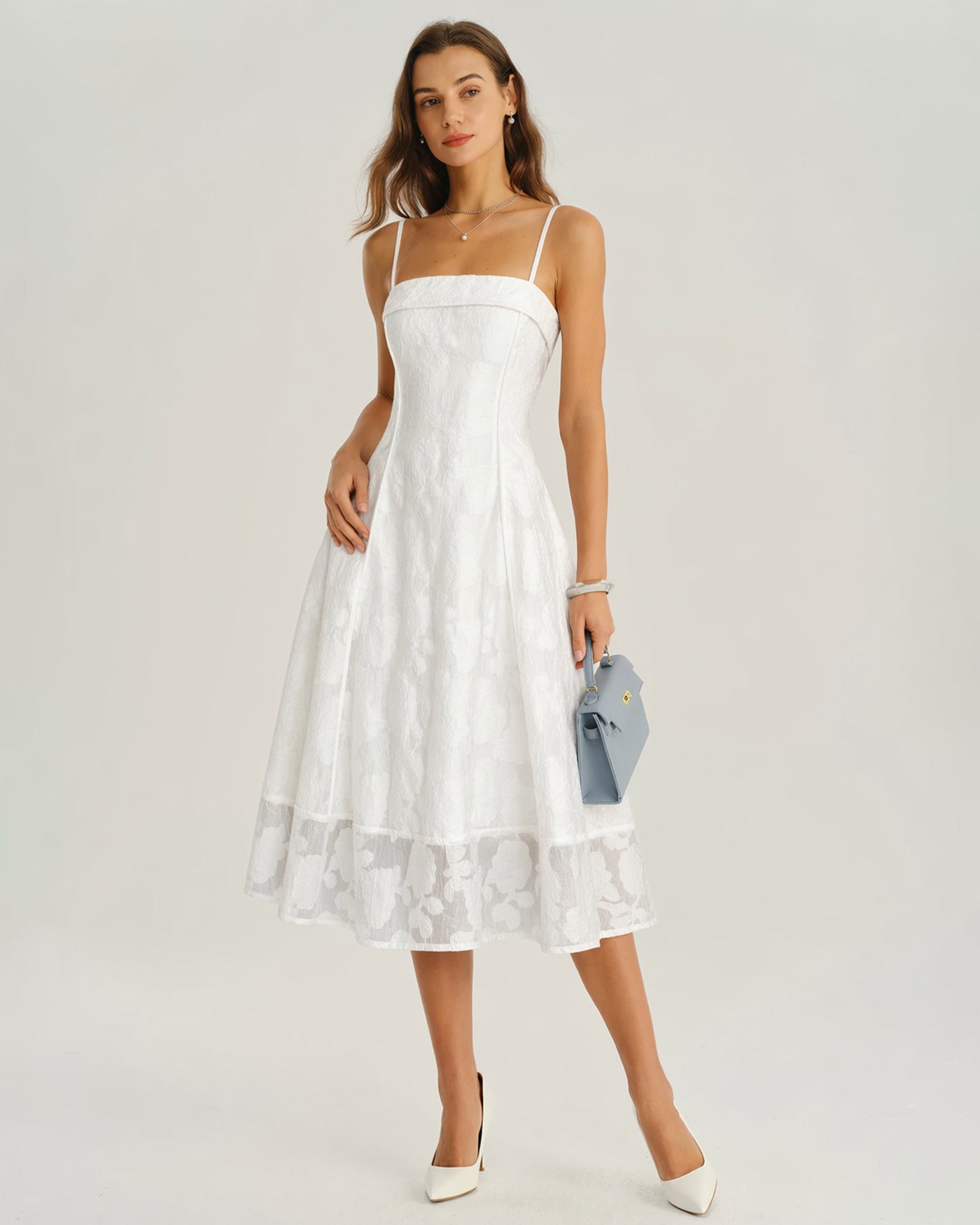 Vestido Midi Slip Jacquard de Cuello Cuadrado Blanco
