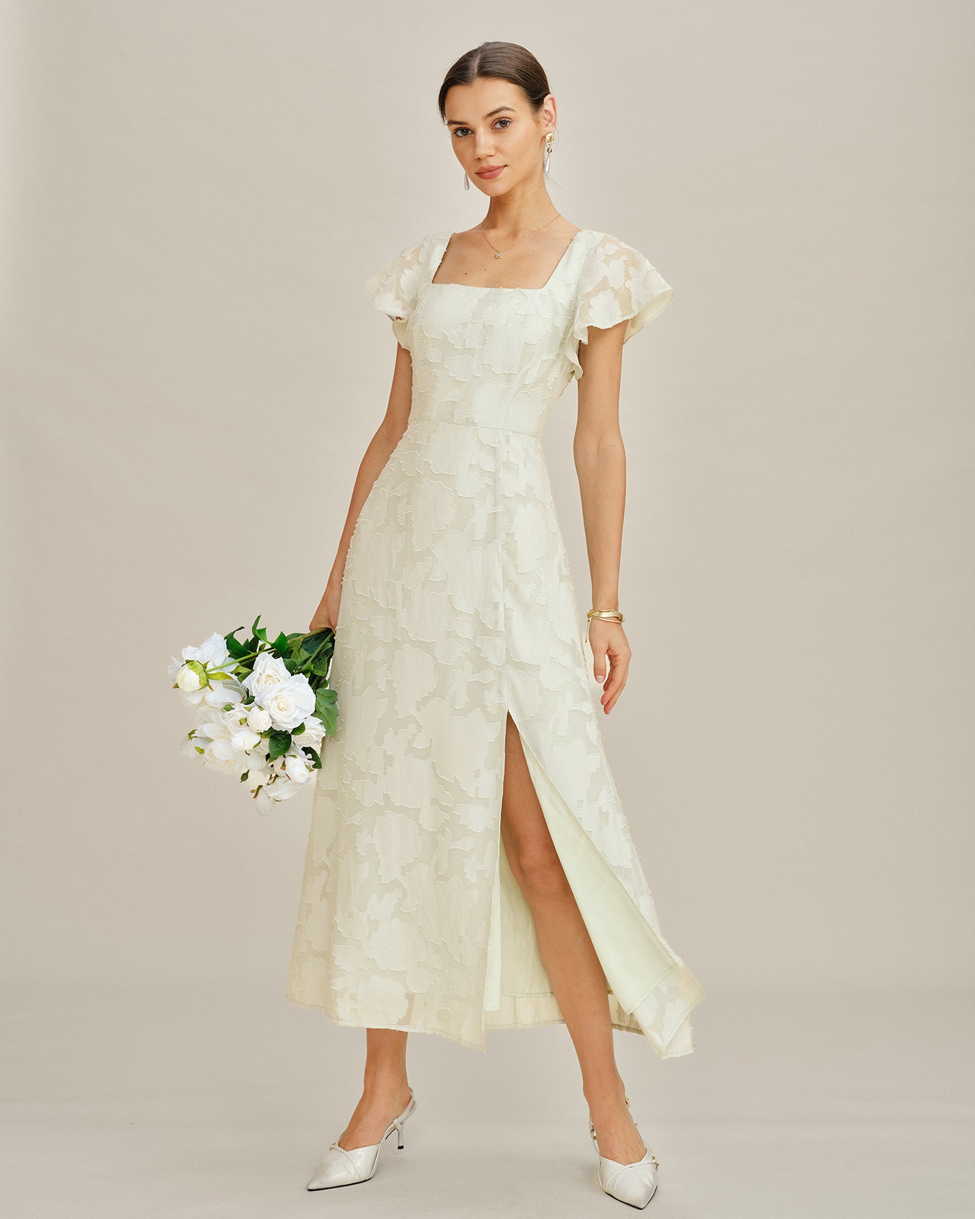 Vestido Midi Jacquard de Cuello Cuadrado Beige