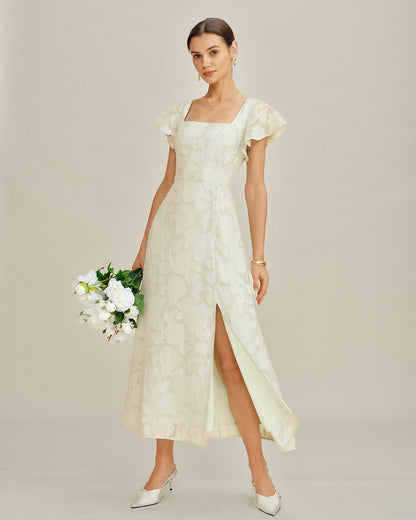 Vestido Midi Jacquard de Cuello Cuadrado Beige