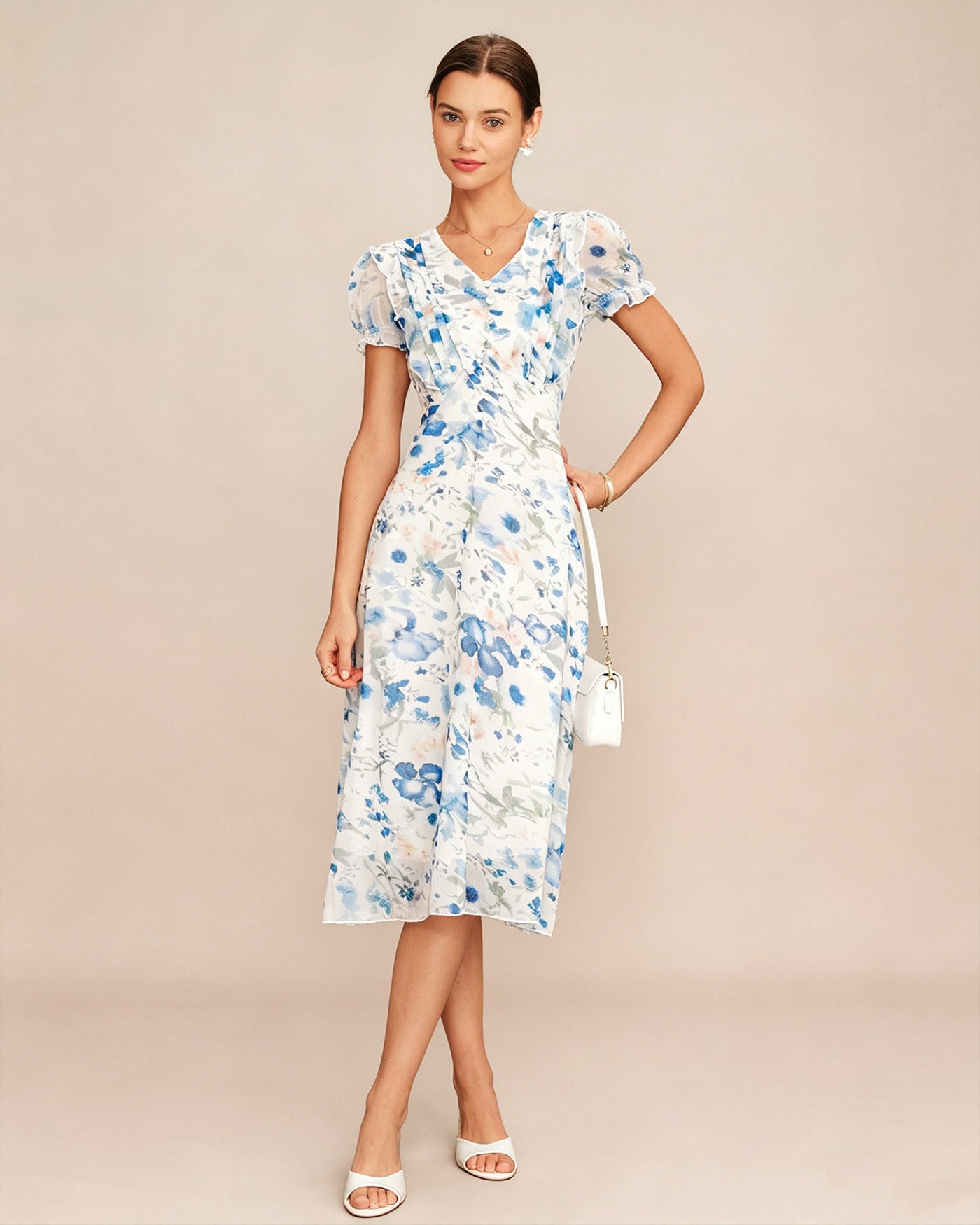 Vestido Midi Shirred con Cuello en V Floral Azul