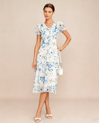 Vestido Midi Shirred con Cuello en V Floral Azul