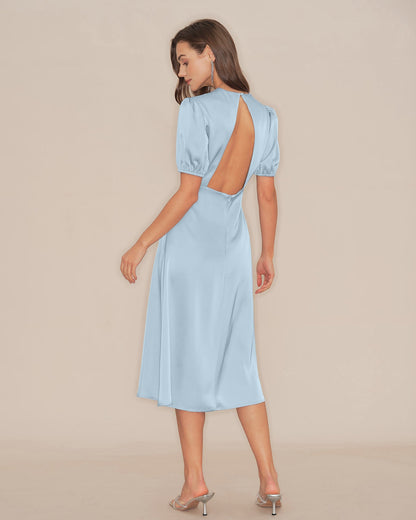 Vestido Midi de Satén sin Espalda con Mangas Abullonadas Azules