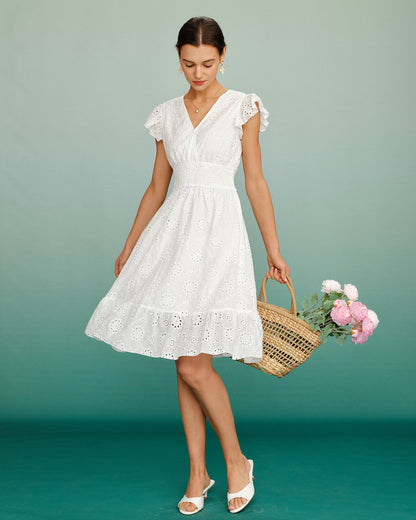Vestido Midi Shirred Blanco con Escote en V