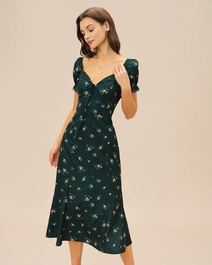 Vestido Midi Floral con Mangas Abullonadas Verdes
