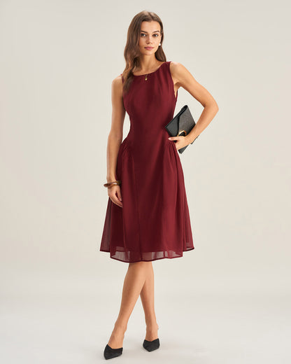 Vestido Midi Sin Mangas de Chifón Color Rojo Vino