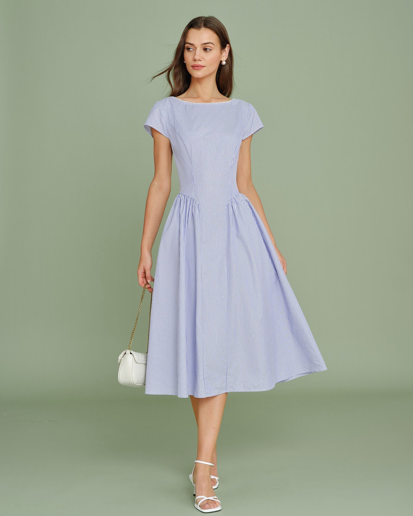 Vestido Midi Arrugado con Cuello Barco Azul