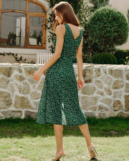 Vestido Midi Floral Verde con Escote en V