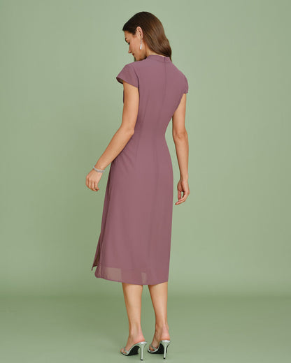 Vestido Midi de Chiffon con Cuello Mandarín Morado