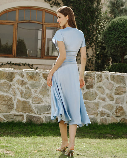 Vestido Midi Plisado de Hombros Caídos Azul