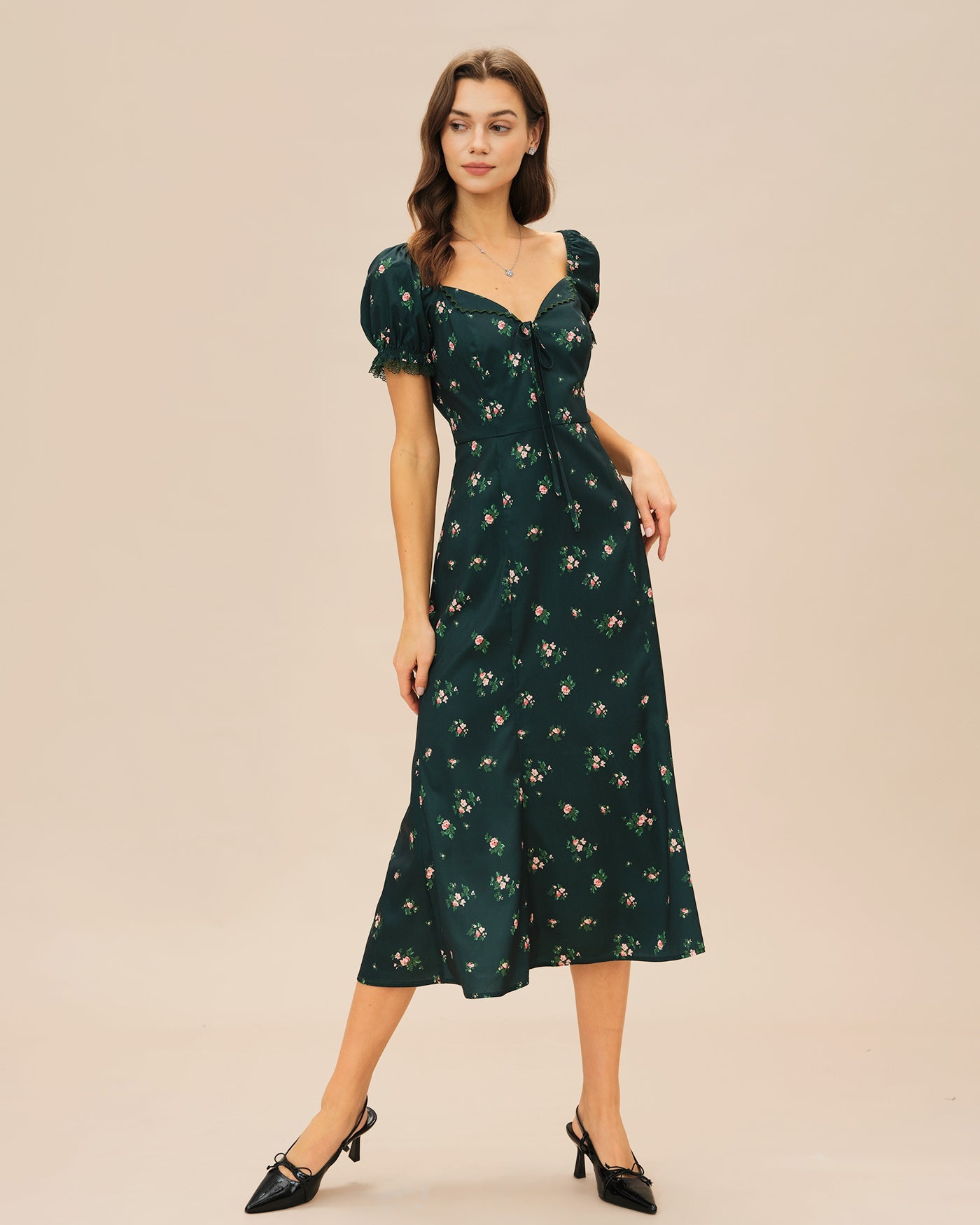 Vestido Midi Floral con Mangas Abullonadas Verdes