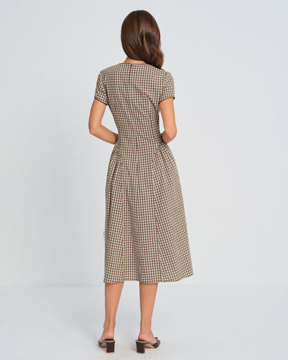 Vestido Midi de Cuello Redondo a Cuadros Marrón