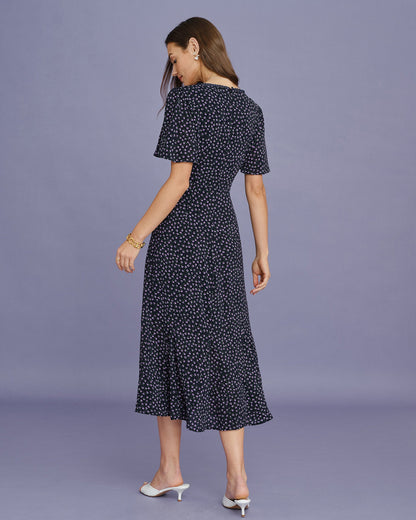 Vestido Midi con Mangas de Mariposa Floral Morado