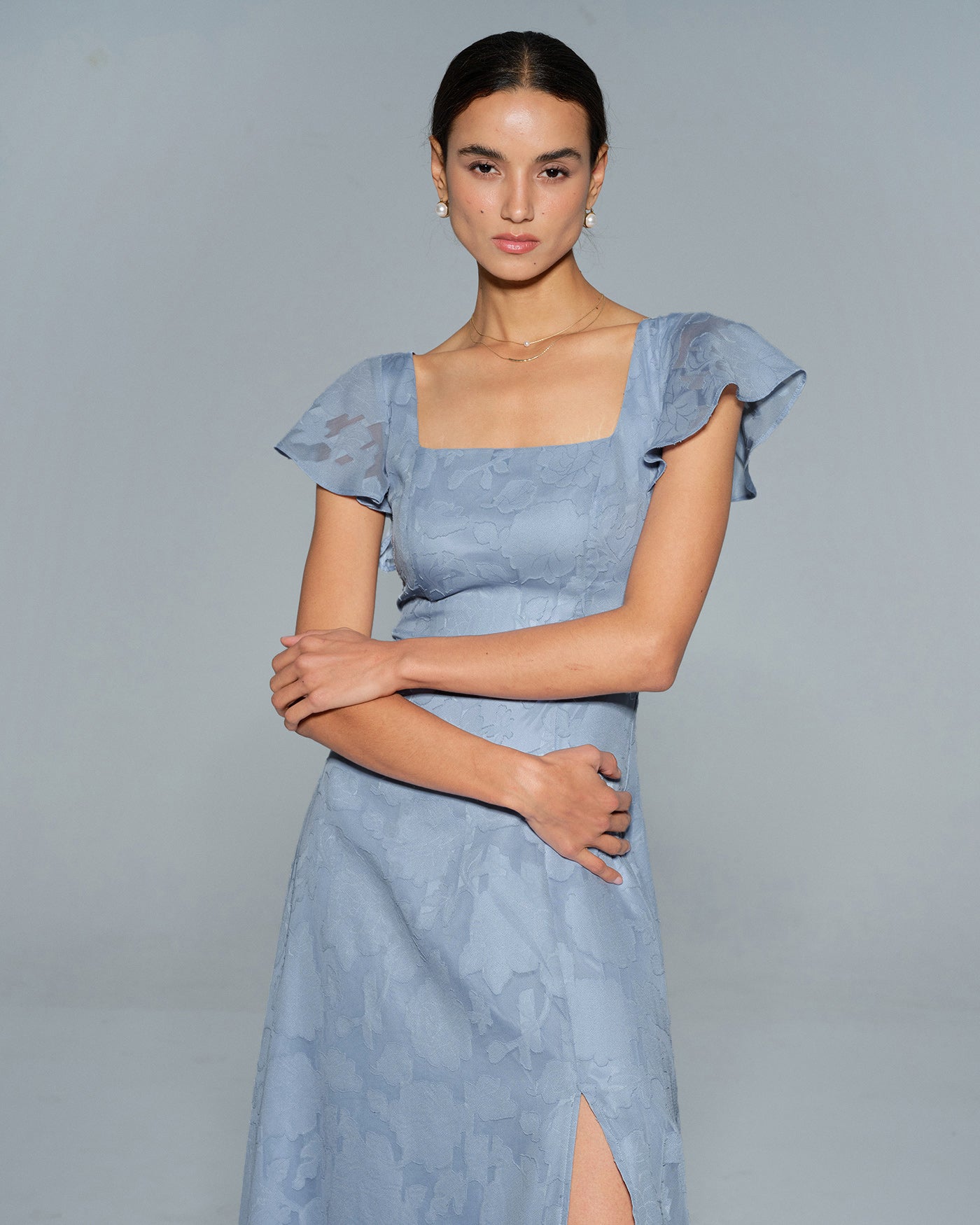 Vestido Midi de Cuello Cuadrado Floral Azul