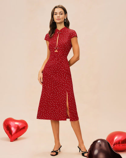 Vestido Midi de Lunares con Cuello Mao Rojo