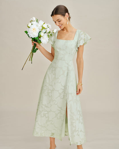Vestido Midi Texturizado Floral de Cuello Cuadrado Verde