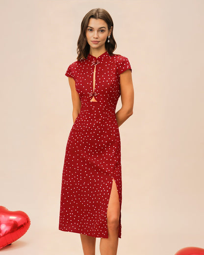 Vestido Midi de Lunares con Cuello Mao Rojo