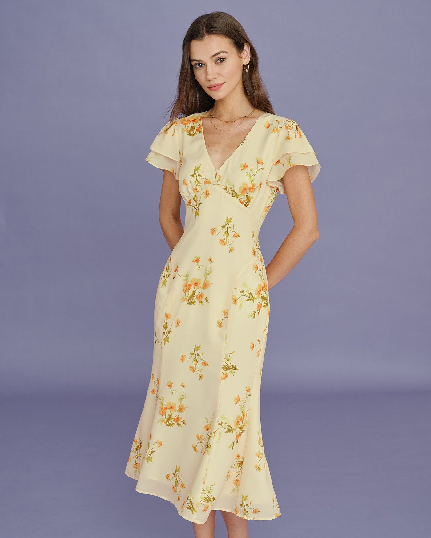 Vestido Midi de Sirena Floral con Escote en V Amarillo